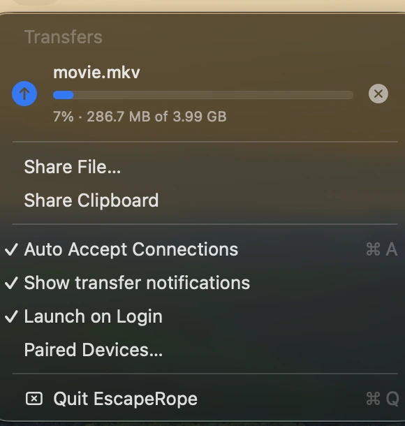 EscapeRope in the Mac menu bar showing a 3.99 GB transfer in progress
