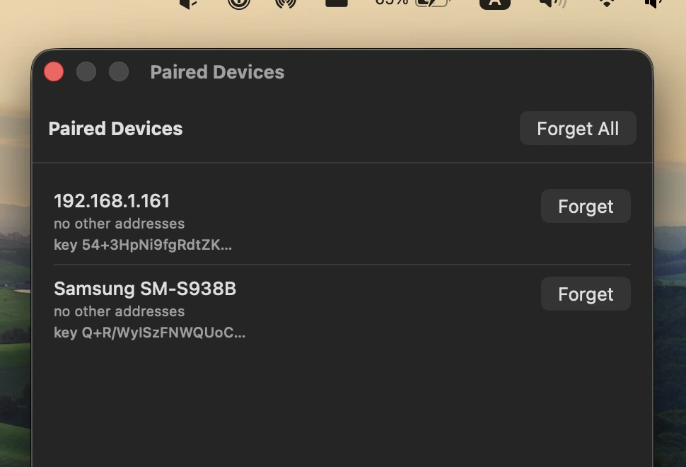 EscapeRope Paired Devices window on macOS